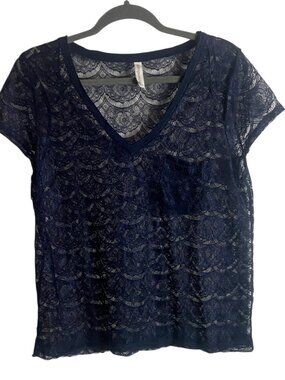 Aeropostale Size Xl Lace T Shirt Top Navy Blue Sheer V Neck Whimsigoth Fairy Y2K